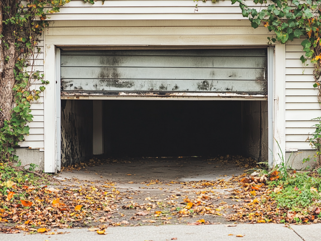 a garage door won't close in this image for a blog about issue related to misaligned tracks and sensors.