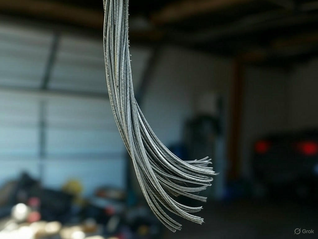 a frayed cable in a garage for a blog about garage door cable repair.