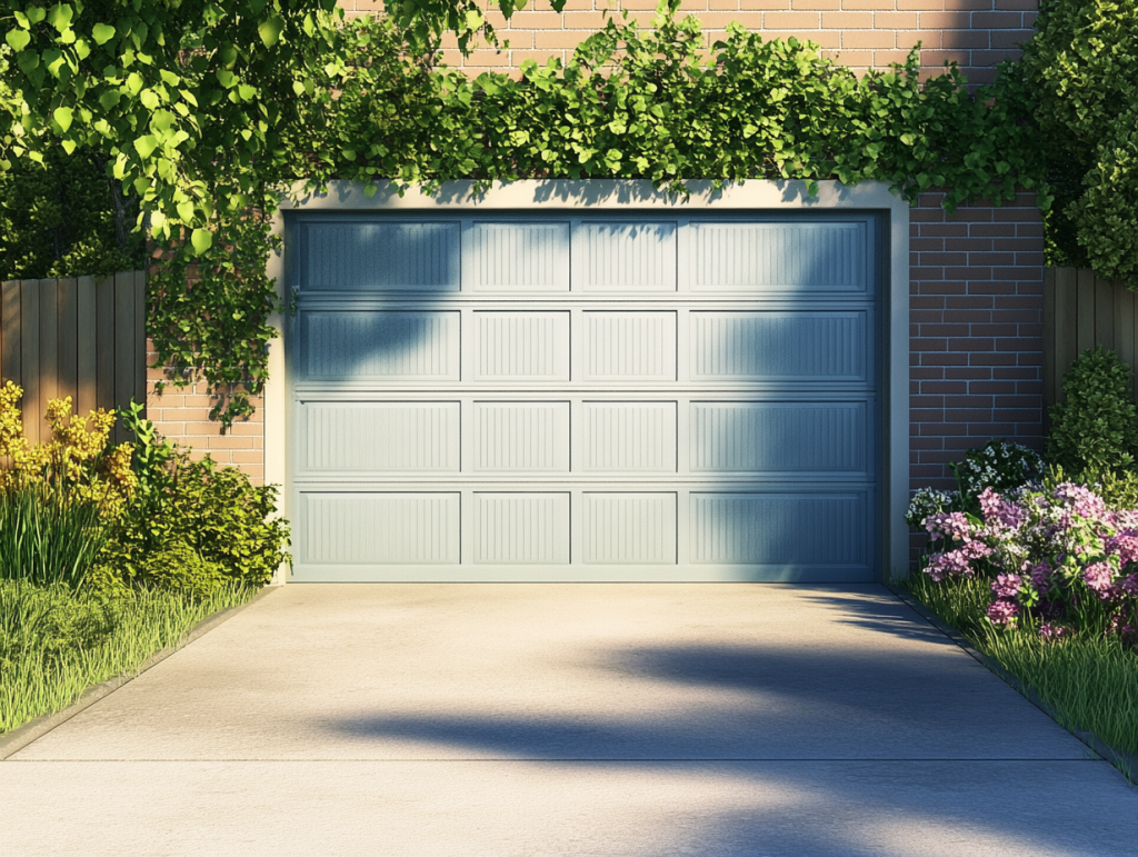 garage door that has flowers near it, and its for a blog about garage door spring