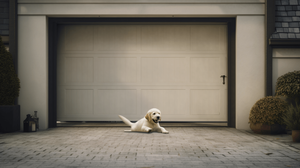 garage door safety features blog, that has a puppy in front of a garage door