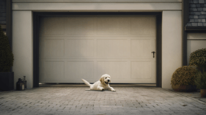 garage door safety features blog, that has a puppy in front of a garage door