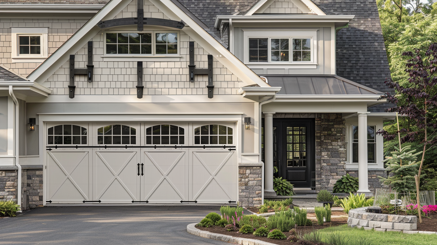 Hyper-realistic image of a suburban home featuring carriage house garage doors with decorative hardware, windows, and stone-accented siding.