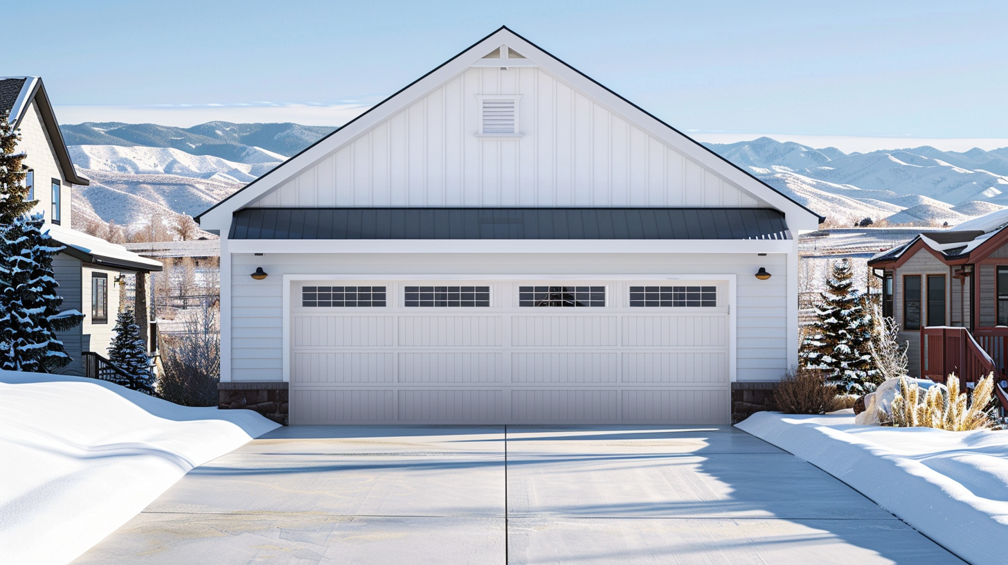 White residential garage door with snow showcasing seasonal garage door maintenance